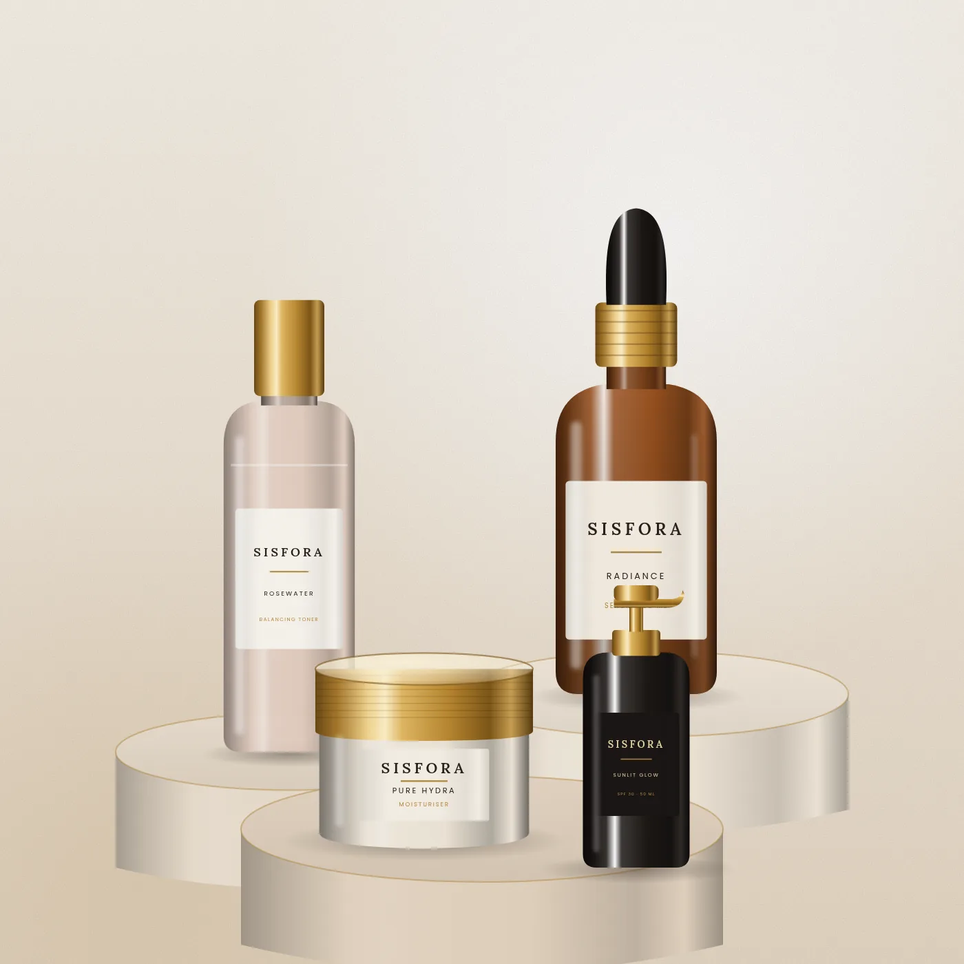 The Sisfora skincare collection on cream podiums